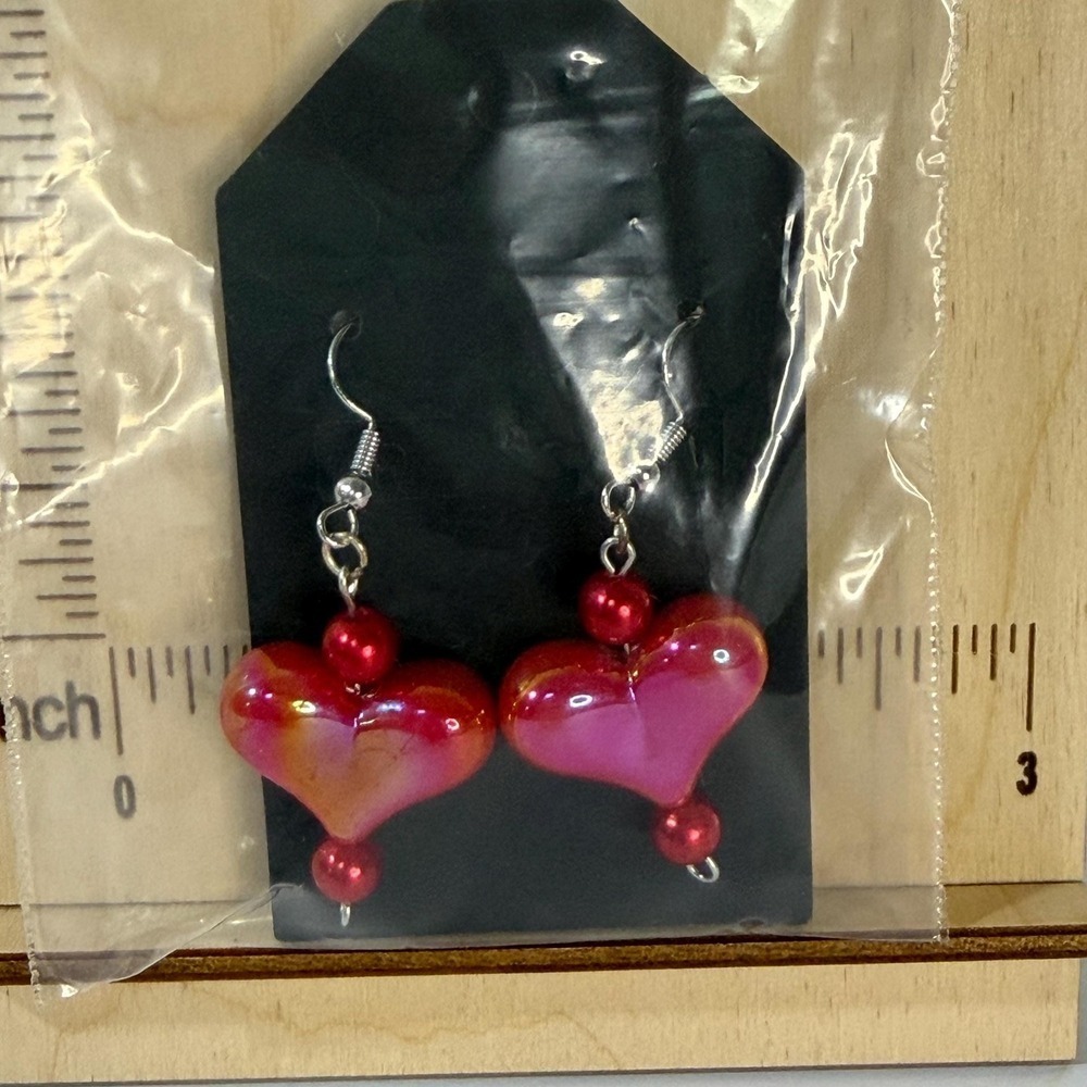 Hand Assembled Red Glass Heart Dangle Earrings‎ - Picture 3 of 3
